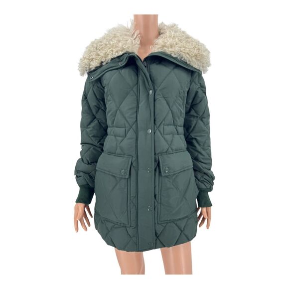 Theory Jacket Quilted Down Puffer Lamb Fur Trim Forest Green Size S - Picture 2 of 8